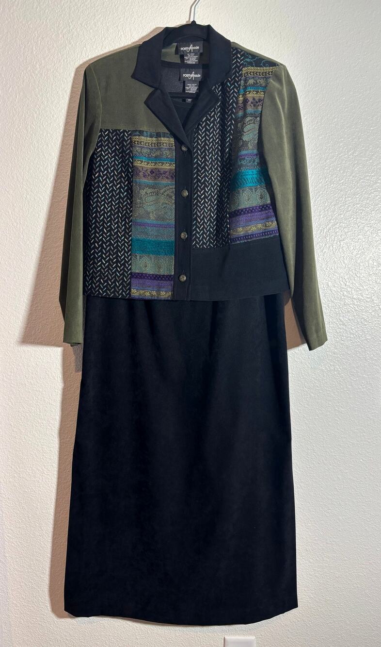Vintage Positive Attitude Size 6 Patchwork Blazer & Black Faux Suede Dress Set